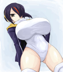 Rule 34 | 10s, 1girl, black hair, breasts, brown eyes, covered navel, emperor penguin (kemono friends), hair over one eye, headphones, highleg, hood, hoodie, huge breasts, impossible clothes, jacket, kemono friends, leotard, long hair, looking at viewer, multicolored hair, open clothes, oro (zetsubou girl), solo, thighhighs, white leotard, white thighhighs