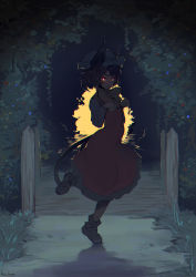Rule 34 | 1girl, absurdres, anchors (mono eye os), animal ears, backlighting, bow, bowtie, brown hair, bush, cat ears, cat tail, chen, chromatic aberration, commentary request, dress, glowing, glowing eyes, grass, hat, highres, looking at viewer, multiple tails, night, outdoors, paw pose, red dress, red eyes, shoes, smile, solo, standing, standing on one leg, tail, touhou, two tails