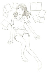 Rule 34 | 1girl, barefoot, monochrome, original, shorts, sketch, solo, traditional media, yoshitomi akihito