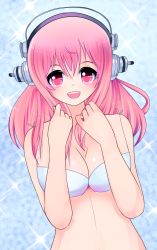 Rule 34 | 1girl, bikini, blush, breasts, cleavage, headphones, highres, large breasts, long hair, looking at viewer, magpii, navel, nitroplus, open mouth, pink eyes, pink hair, smile, solo, super sonico, swimsuit