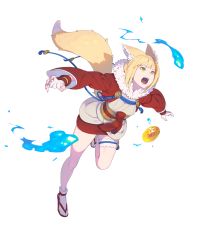 Rule 34 | 1girl, animal ears, blonde hair, brown hair, enkyo yuuichirou, fire emblem, fire emblem fates, fire emblem heroes, fox ears, fox tail, full body, fur trim, highres, japanese clothes, leg up, long sleeves, looking away, multicolored hair, nintendo, official art, open mouth, sandals, selkie (fire emblem), short hair, solo, stone, tabi, tail, thigh strap, transparent background, white legwear, wide sleeves, yellow eyes