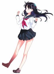 Rule 34 | 1girl, bad id, bad twitter id, black eyes, black hair, black skirt, blouse, brown footwear, commentary, full body, highres, loafers, long hair, long sleeves, looking to the side, miniskirt, neckerchief, no legwear, original, pleated skirt, red neckerchief, school uniform, shirt, shoes, simple background, skirt, solo, standing, take shinobu, w arms, white background, white shirt, wind