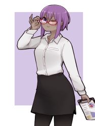 Rule 34 | 1girl, ;&gt;, adjusting eyewear, bespectacled, black pantyhose, black skirt, blush, clipboard, collared shirt, dark-skinned female, dark skin, dress shirt, fate/prototype, fate/prototype: fragments of blue and silver, fate (series), glasses, hair between eyes, hand up, hassan of serenity (fate), holding, i.u.y, pantyhose, pencil skirt, purple background, purple eyes, purple hair, red-framed eyewear, shirt, skirt, solo, two-tone background, v-shaped eyebrows, white background, white shirt