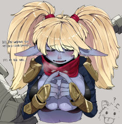 Rule 34 | 1girl, ?, armor, blonde hair, blue skin, blush, breasts, closed mouth, colored skin, closed eyes, eyes visible through hair, fingernails, grey background, hair between eyes, hammer, index fingers together, large breasts, league of legends, long hair, lower teeth only, ohasi, open mouth, pauldrons, pointy ears, poppy (league of legends), poro (league of legends), red scarf, scarf, shoulder armor, simple background, skindentation, solo focus, talking, teeth, tongue, tongue out, twintails, vambraces, weapon, weapon on back, yordle