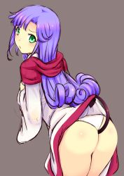 Rule 34 | 1girl, anal tail, ass, blush, clothes lift, curly hair, dragon quest, dragon quest ii, dress, dress lift, fake tail, highres, katori (mocchidou), long hair, long sleeves, looking at viewer, panties, princess of moonbrook, purple hair, robe, simple background, solo, tail, underwear