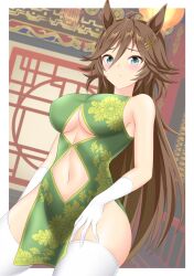 Rule 34 | 1girl, ahoge, alternate costume, animal ears, bare shoulders, border, breasts, brown hair, china dress, chinese clothes, closed mouth, clothing cutout, commentary request, cowboy shot, dress, gloves, green dress, green eyes, gurukorian, hair between eyes, highres, horse ears, horse girl, large breasts, long hair, looking at viewer, mr. c.b. (umamusume), navel cutout, pelvic curtain, solo, thighhighs, umamusume, underboob, underboob cutout, very long hair, white border, white gloves, white thighhighs