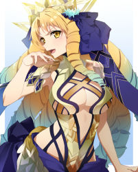 Rule 34 | 1girl, astraea (fate), bare shoulders, blonde hair, blue background, blue bow, blue hair, border, bow, breasts, center opening, cleavage, crown, drill hair, fate/grand order, fate (series), gradient background, gradient hair, hair bow, large breasts, leotard, long hair, looking at viewer, luviagelita edelfelt, multicolored hair, ojou-sama pose, open mouth, ribbon, simple background, smile, solo, tsuezu, very long hair, white background, white border, yellow eyes