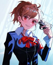 Rule 34 | 1girl, arm at side, armband, black jacket, blush, bow, breasts, brown hair, collared shirt, commentary, evoker, eyelashes, gekkoukan high school uniform, grin, gun, gun to head, hair between eyes, hand up, highres, holding, holding gun, holding weapon, jacket, joowon (jju oon), korean commentary, long sleeves, looking at viewer, medium breasts, persona, persona 3, persona 3 portable, red armband, red bow, red eyes, school uniform, shiomi kotone, shirt, short hair, short ponytail, sidelighting, simple background, smile, solo, tsurime, upper body, weapon, white shirt