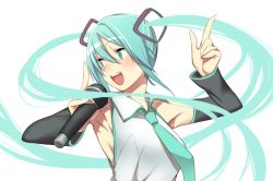 Rule 34 | 1girl, :d, aqua eyes, aqua hair, aqua necktie, armpits, bad id, bad pixiv id, bare shoulders, blush, detached sleeves, floating hair, hair between eyes, hair ornament, hatsune miku, index finger raised, long hair, long sleeves, looking away, microphone, necktie, open mouth, po. (medamaoyazi), shirt, sleeveless, sleeveless shirt, smile, solo, twintails, upper body, vocaloid