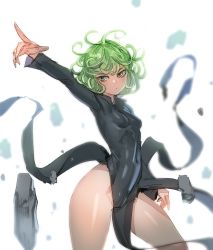 1girl black_dress bow_(bhp) breasts covered_navel cowboy_shot curly_hair debris dress female_focus groin half-closed_eyes hip_focus long_hair long_sleeves no_panties one-punch_man outstretched_arm pelvic_curtain pointing shiny_skin short_hair simple_background skirt small_breasts solo tatsumaki white_background wide_hips wind wind_lift