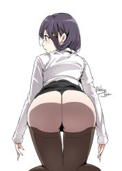Rule 34 | 1girl, artist name, ass, bent over, blue hair, clothes lift, g-string, green eyes, hair ornament, hairclip, kneeling, looking to the side, office lady, original, profile, relaxjon, shirt, short hair, skirt, skirt lift, solo, thighhighs, thong, white background