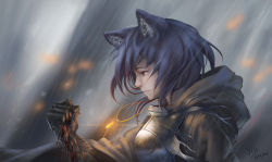 Rule 34 | 1girl, animal ears, armor, black hair, blood, character request, copyright request, dated, highres, looking away, rain, red eyes, short hair, signature, upper body, wolf ears, yioshu