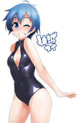 Rule 34 | 1girl, blue hair, blush, breasts, cleavage, cleavage cutout, clothing cutout, covered navel, front zipper swimsuit, highres, kamishiro sui, looking at viewer, meme attire, one-piece swimsuit, one eye closed, short hair, simple background, smile, solo, swimsuit, terazip, tokyo 7th sisters, unzipped, white background, zipper