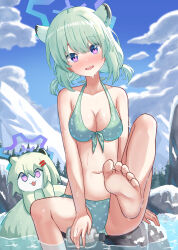 1girl absurdres alternate_costume animal_ears bikini blue_archive blue_sky blush breasts cleavage cloud commentary foot_up front-tie_bikini_top front-tie_top green_bikini green_hair happycloud highres large_breasts looking_at_viewer navel nose_blush open_mouth outdoors ponta_itachi purple_eyes shigure_(blue_archive) short_hair sitting sky soles solo swimsuit toes weasel_ears weasel_girl