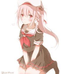 Rule 34 | 10s, 1girl, bad id, bad pixiv id, harusame (kancolle), hat, hiro (hirohiro31), kantai collection, long hair, looking at viewer, pink eyes, pink hair, pleated skirt, school uniform, serafuku, side ponytail, simple background, skirt, solo, white background