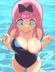 Rule 34 | 1girl, aetherion, bare shoulders, black bow, blue eyes, blue one-piece swimsuit, blunt bangs, blush, bow, closed mouth, collarbone, constricted pupils, covered navel, cowboy shot, from above, fujiwara chika, hair bow, highres, kaguya-sama wa kokurasetai ~tensai-tachi no renai zunousen~, long hair, nipples, one-piece swimsuit, one breast out, partially submerged, pink hair, school swimsuit, shiny skin, smile, solo, standing, swimsuit, wardrobe malfunction, water, wavy mouth