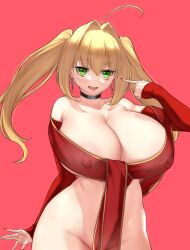 Rule 34 | 1girl, ahoge, aster crowley, blonde hair, blush, breasts, covered erect nipples, fate/extra, fate (series), green eyes, hair intakes, highres, huge breasts, long hair, looking at viewer, nero claudius (fate), nero claudius (fate) (all), nero claudius (fate/extra), smile, solo, twintails