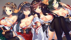 Rule 34 | 10s, 4girls, bad id, bad pixiv id, bare shoulders, black hair, blue eyes, blush, boots, breasts, breasts out, brown hair, detached sleeves, glasses, hairband, haruna (kancolle), hiei (kancolle), hullabaloo, japanese clothes, kantai collection, kirishima (kancolle), kongou (kancolle), large breasts, light smile, long hair, looking at viewer, miniskirt, multiple girls, nipples, no legwear, nontraditional miko, off shoulder, panties, puffy nipples, purple eyes, ribbon-trimmed sleeves, ribbon trim, sarashi, short hair, skirt, smile, thigh boots, thighhighs, underwear, white panties, zettai ryouiki