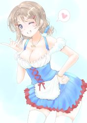 Rule 34 | 10s, 1girl, alternate hairstyle, areola slip, bare shoulders, blue eyes, breasts, cleavage, earrings, frapowa, garter straps, grey hair, grin, hair ornament, hairclip, hand on own hip, heart, jewelry, large breasts, looking at viewer, love live!, love live! school idol festival, love live! sunshine!!, necklace, no bra, one eye closed, parted lips, short hair, short twintails, skirt, smile, solo, sparkle, spoken heart, standing, teeth, thighhighs, twintails, watanabe you, white thighhighs, wink