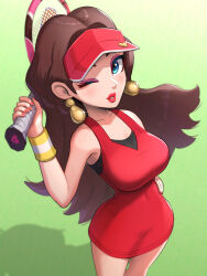 Rule 34 | 1girl, absurdres, black undershirt, blue eyes, breasts, brown hair, collarbone, donkey kong (series), dress, earrings, eyeshadow, gonzarez, hand on own hip, hat, highres, jewelry, large breasts, lipstick, long hair, looking at viewer, makeup, mario (series), mario tennis, mario tennis aces, nail polish, nintendo, one eye closed, parted lips, pauline (mario), purple eyeshadow, racket, red dress, red hat, red lips, red nails, shadow, smile, solo, striped wristband, teeth, tennis pauline, tennis racket, upper body, visor cap, wristband, yellow wristband