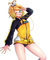 Rule 34 | 1girl, absurdres, bandaid, bandaid on face, bandaid on nose, black jacket, blonde hair, buruma, cable, cowboy shot, hair ornament, hairclip, headphones, highres, inu8neko, jacket, kagamine rin, looking at viewer, multicolored clothes, multicolored jacket, one eye closed, short hair, solo, stylish energy (module), swept bangs, tongue, tongue out, track jacket, treble clef, two-tone jacket, v, v over eye, vocaloid, white background, yellow jacket