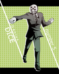 Rule 34 | 1boy, arm up, black footwear, black jacket, black necktie, black pants, character name, dharu riser, dice (dharu riser), english text, formal, gloves, green background, grey shirt, hand up, jacket, letterboxed, long sleeves, lowres, male focus, mask, necktie, outside border, outstretched arm, pants, polka dot, polka dot background, punching, shirt, shoes, solo, suit, uematsu, white gloves