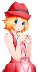 Rule 34 | 1girl, bare shoulders, blonde hair, blue eyes, blush, collarbone, creatures (company), dress, eyes visible through hair, female focus, flat chest, game freak, hands up, hat, highres, himamushi nyuudou, holding, holding poke ball, jacket, looking to the side, nintendo, open mouth, pink dress, poke ball, poke ball (basic), pokemon, pokemon (anime), pokemon xy (anime), red hat, red jacket, serena (pokemon), shiny clothes, shiny skin, short hair, simple background, sleeveless, sleeveless dress, sleeveless jacket, solo, standing, upper body, white background