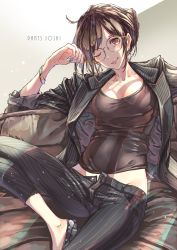 Rule 34 | 1girl, black pants, black shirt, blue nails, bracelet, breasts, brown eyes, brown hair, couch, earrings, formal, glasses, grey background, highres, jewelry, nail polish, original, pants, shirt, shoes, short hair, sitting, small breasts, solo, suit, sun (sunsun28), unbuttoned