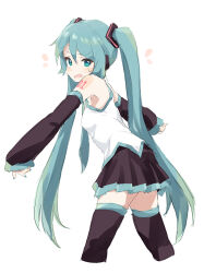 Rule 34 | 1girl, aqua eyes, aqua hair, aqua nails, aqua necktie, bare shoulders, black skirt, black sleeves, black thighhighs, commentary, cropped legs, detached sleeves, from side, hair ornament, hatsune miku, headphones, headset, highres, leaning forward, long hair, looking at viewer, miniskirt, nail polish, necktie, open mouth, pleated skirt, shirt, shoulder tattoo, sketch, skirt, sleeveless, sleeveless shirt, solo, standing, sweat, tattoo, thighhighs, twintails, v-shaped eyebrows, very long hair, vocaloid, white background, white shirt, yakkl, zettai ryouiki