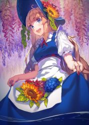Rule 34 | 1girl, :d, ahoge, apron, blonde hair, blue dress, blue eyes, blunt bangs, collared shirt, commentary, dress, fingernails, flower, frilled shirt, frilled sleeves, frills, from below, hair between eyes, hat, hat flower, holding, holding clothes, holding dress, hydrangea, ivy, leaf, long fingernails, long hair, looking at viewer, nail polish, neck ribbon, open mouth, original, plant, puffy short sleeves, puffy sleeves, red flower, red nails, red ribbon, ribbon, shadow, shirt, short sleeves, skirt basket, smile, solo, sun hat, sunflower, teeth, vines, waist apron, white shirt, wisteria, yasumo (kuusouorbital)