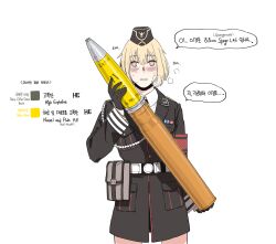 Rule 34 | 1girl, ammunition, armband, artillery shell, blonde hair, blush, breath, bright pupils, bullet, girls&#039; frontline, hat, holding, holding bullet, huqu, jacket, korean text, looking at viewer, military uniform, mp40 (girls&#039; frontline), red armband, roman numeral, solo, sweat, uniform, white pupils