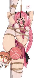 Rule 34 | 1boy, absurdres, astolfo (fate), astolfo (sailor paladin) (fate), bagelbomb, bdsm, blush, bondage, bound, bow, braid, braided ponytail, censored, crossdressing, fate/grand order, fate (series), gag, gagged, gagged male, hair bow, hair intakes, harness gag, highres, long braid, long hair, looking at viewer, male focus, midriff, multicolored hair, navel, neckerchief, official alternate costume, open mouth, panties, pink hair, pink neckerchief, pink sailor collar, pink skirt, purple eyes, sailor collar, school uniform, serafuku, shibari, shirt, short sleeves, simple background, skirt, smile, solo, streaked hair, thighhighs, trap, underwear, variant set, white background, white hair, white shirt, white thighhighs