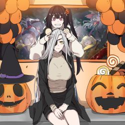 Rule 34 | 6+girls, alchemist (girls&#039; frontline), alternate costume, architect (girls&#039; frontline), awkward, balloon, bandages, bat (animal), black hair, blue eyes, blurry, blurry foreground, blush, braid, breasts, brown eyes, brown hair, cape, demon horns, eyepatch, floating hair, full moon, girls&#039; frontline, grey hair, hair ornament, half mask, halloween, halloween costume, hat, headband, highres, holding, horns, jack-o&#039;-lantern, jacket, jiangshi, ksvk (girls&#039; frontline), large breasts, light particles, long hair, looking at viewer, m870 (girls&#039; frontline), mask, mg3 (girls&#039; frontline), mmm (ji1945), model l (girls&#039; frontline), moon, multiple girls, off shoulder, ofuda, open mouth, outstretched arms, photo (object), pink eyes, pumpkin, pumpkin costume, ringed eyes, sangvis ferri, side ponytail, sidelocks, sitting, skirt, smile, sweatdrop, sweater, tree, type 97 shotgun (girls&#039; frontline), v, very long hair, wide sleeves, witch hat, yellow eyes