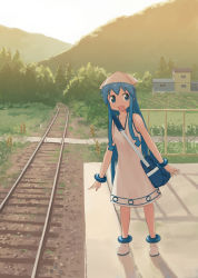 Rule 34 | 1girl, bag, blue eyes, blue hair, dress, hat, ikamusume, isou nagi, long hair, railroad tracks, shinryaku! ikamusume, tentacle hair