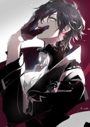Rule 34 | 1boy, anno meiji, black hair, black jacket, earrings, facing to the side, gloves, grey eyes, highres, jacket, jewelry, long sleeves, looking up, male focus, multicolored background, open mouth, original, red background, solo, tongue, tongue out, white background