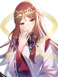 Rule 34 | 1girl, blush, braid, brown hair, circlet, hand to own mouth, head tilt, highres, japanese clothes, long hair, looking at viewer, nintendo, parted bangs, ririko (zhuoyandesailaer), simple background, smile, solo, very long hair, white background, xenoblade chronicles (series), xenoblade chronicles 2, xenoblade chronicles 2: torna - the golden country, yellow eyes