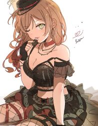 Rule 34 | 1girl, bang dream!, black gloves, black hat, black skirt, breasts, brown hair, buckle, cleavage, collar, collarbone, crop top, detached sleeves, fingerless gloves, fishnet pantyhose, fishnets, gloves, green eyes, hat, highres, imai lisa, layered sleeves, long hair, looking at viewer, medium breasts, midriff, miniskirt, nail polish, one eye closed, pantyhose, pleated skirt, red collar, red nails, see-through, see-through sleeves, seri (vyrlw), short sleeves, signature, sitting, sketch, skirt, solo, stomach, white background