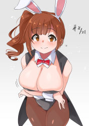 Rule 34 | 1girl, animal ears, arms under breasts, black leotard, bow, bowtie, breasts, brown eyes, brown hair, brown pantyhose, cleavage, crossed arms, dated, detached collar, fake animal ears, highres, idolmaster, idolmaster cinderella girls, igarashi kyoko, large breasts, leotard, long hair, looking at viewer, pantyhose, playboy bunny, rabbit ears, red bow, red bowtie, smile, solo, strapless, strapless leotard, wrist cuffs, yuuichi (reductionblack)