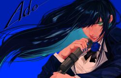 Rule 34 | 1girl, ado (utaite), black bow, black bowtie, black hair, blue background, blue eyes, blue flower, blue hair, blue jacket, blue nails, blue rose, blue theme, bow, bowtie, chando (ado), character name, clenched teeth, cloud nine inc, colored inner hair, commentary request, dress shirt, floating hair, flower, flower brooch, hair over one eye, highres, holding, holding microphone, jacket, kiza minegi, long hair, long sleeves, looking at viewer, microphone, multicolored hair, nail polish, rose, shirt, sidelocks, solo, teeth, two-tone hair, upper body, utaite, white shirt