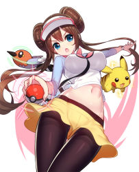 Rule 34 | 10s, 1girl, bag, between breasts, black pantyhose, blue eyes, blush, breasts, brown hair, creatures (company), double bun, electricity, female focus, fletchling, game freak, gen 1 pokemon, gen 6 pokemon, hair bun, hat, holding, holding poke ball, impossible clothes, impossible shirt, large breasts, long hair, looking at viewer, midriff, navel, nintendo, open mouth, outstretched arm, pantyhose, pantyhose under shorts, pikachu, poke ball, pokemon, pokemon (creature), pokemon bw2, raglan sleeves, ririko (zhuoyandesailaer), rosa (pokemon), shirt, short shorts, shorts, solo, thighband pantyhose, twintails, visor cap, watch, wristwatch