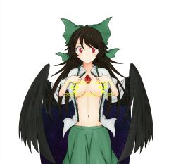 Rule 34 | 1girl, abyss arts, black wings, blouse, blush, bow, breasts, brown hair, cape, caution, censored, unworn clothes, collared shirt, commentary request, cowboy shot, feathered wings, green bow, green skirt, groin, hair bow, large breasts, long hair, looking down, navel, no bra, open clothes, open mouth, open shirt, radiation symbol, red eyes, reiuji utsuho, shirt, simple background, skirt, solo, starry sky print, surprised, third eye, touhou, white background, white cape, white shirt, wings