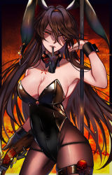Rule 34 | 1girl, alternate breast size, animal ears, artist name, bare shoulders, black hair, black leotard, black pantyhose, breasts, cleavage, cowboy shot, fake animal ears, fate/grand order, fate (series), glove in mouth, gloves, gun, hair between eyes, hairband, half-closed eyes, hat, holding, holding gun, holding weapon, large breasts, leotard, long hair, looking at viewer, march ab, mouth hold, nail polish, oda nobunaga (fate), oda nobunaga (koha-ace), pantyhose, peaked cap, playboy bunny, rabbit ears, red eyes, red nails, solo, standing, thigh strap, weapon, wrist cuffs