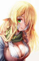 Rule 34 | 1girl, bandage on face, bandage over one eye, bandaged arm, bandages, blonde hair, boroboro no elf-san o shiawaseni suru kusuri uri-san, breasts, cleavage, commentary, elf, eyebrows hidden by hair, gibagiba, green eyes, green scarf, highres, hole in ears, large breasts, long hair, looking at viewer, parted lips, pointy ears, puffy sleeves, reszurre, scarf, simple background, solo, upper body