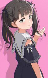 Rule 34 | 1girl, black dress, blunt bangs, bow, brown eyes, brown hair, commentary request, dress, frills, gomennasai, hair bow, hand in own hair, highres, long hair, looking at viewer, looking back, original, pink background, shadow, short sleeves, smile, solo, twintails, upper body