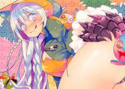 Rule 34 | 1girl, animal hood, ass, ass grab, bent over, blue hair, braid, breasts, claws, cuts, female focus, grabbing own ass, hand on own ass, hood, hoodie, injury, large breasts, long hair, long sleeves, looking back, original, panties, purple eyes, smile, solo, stitches, striped clothes, striped panties, stuffed animal, stuffed toy, underwear, yuzuki gao