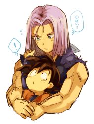 Rule 34 | !, 2boys, :o, bare arms, black eyes, black hair, blue eyes, child, denim, denim jacket, dougi, dragon ball, dragonball z, expressionless, hug, hug from behind, jacket, long sleeves, looking down, looking up, male focus, multiple boys, neko ni chikyuu, nervous, open mouth, purple hair, short hair, simple background, sleeveless, son goten, speech bubble, spiked hair, sweatdrop, thought bubble, translated, trunks (dragon ball), trunks (future) (dragon ball), white background