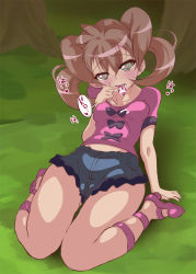 Rule 34 | 10s, 1girl, blush, bow, brown hair, chico200233, collarbone, creatures (company), cum, cum in mouth, denim, denim shorts, game freak, green eyes, heart, heart-shaped pupils, high heels, hip focus, knees, leaning back, legs, long hair, nintendo, pokemon, pokemon xy, shauna (pokemon), shoes, shorts, sitting, solo, symbol-shaped pupils, tongue, tongue out, twintails, wristband
