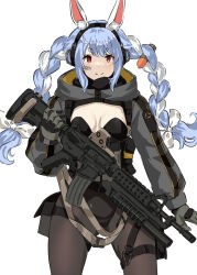 Rule 34 | animal ears, assault rifle, black leggings, braid, breasts, bullet, cleavage, grenade launcher, gun, highres, hololive, jacket, leggings, leotard, light smile, m203, m4 carbine, medium breasts, military, military jacket, mutugorou u, open clothes, open jacket, pantyhose, rabbit ears, rifle, shell casing, simple background, thick eyebrows, twin braids, twintails, underbarrel grenade launcher, underbarrel shotgun, usada pekora, virtual youtuber, weapon, white background