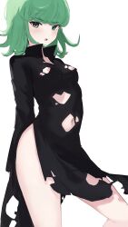 Rule 34 | 1girl, absurdres, black dress, blush, breasts, dress, green eyes, green hair, hiepita97, highres, looking at viewer, navel, nipples, one-punch man, open mouth, simple background, small breasts, tatsumaki, torn clothes, white background