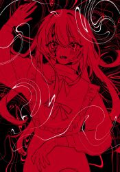 Rule 34 | 1girl, absurdres, blood, blood on face, blush, dress, hair between eyes, hanataro (sruvhqkehy1zied), highres, long hair, long sleeves, looking at viewer, monochrome, open mouth, original, red theme, self-harm scar, simple background, solo, sweat, very long hair